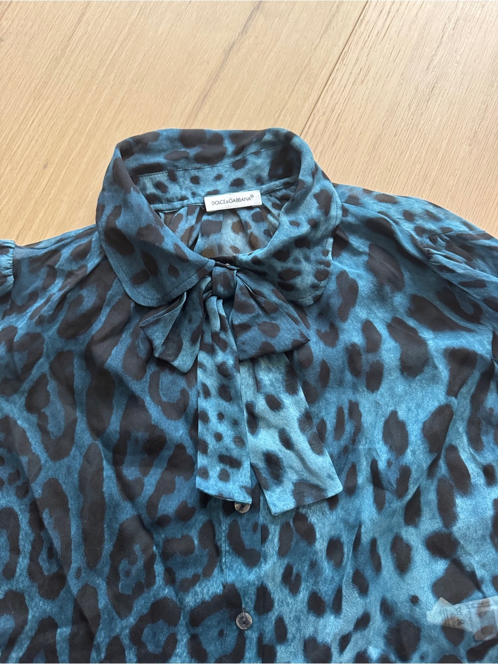 Dolce & Gabbana Teal and Black Leopard Tie-Neck Blouse